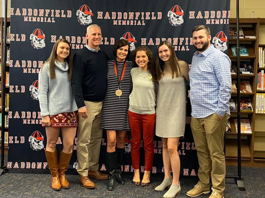 Mrs. Julia Smart pictured with her friend and colleague Mrs. Dickstein-Hughes, Mrs. Smarts husband Phil, their daughters Meghan and Emily and son Matt. Matt, Meghan and Emily Smart are all HMHS grads and Matt works for the districts Athletic Department. 